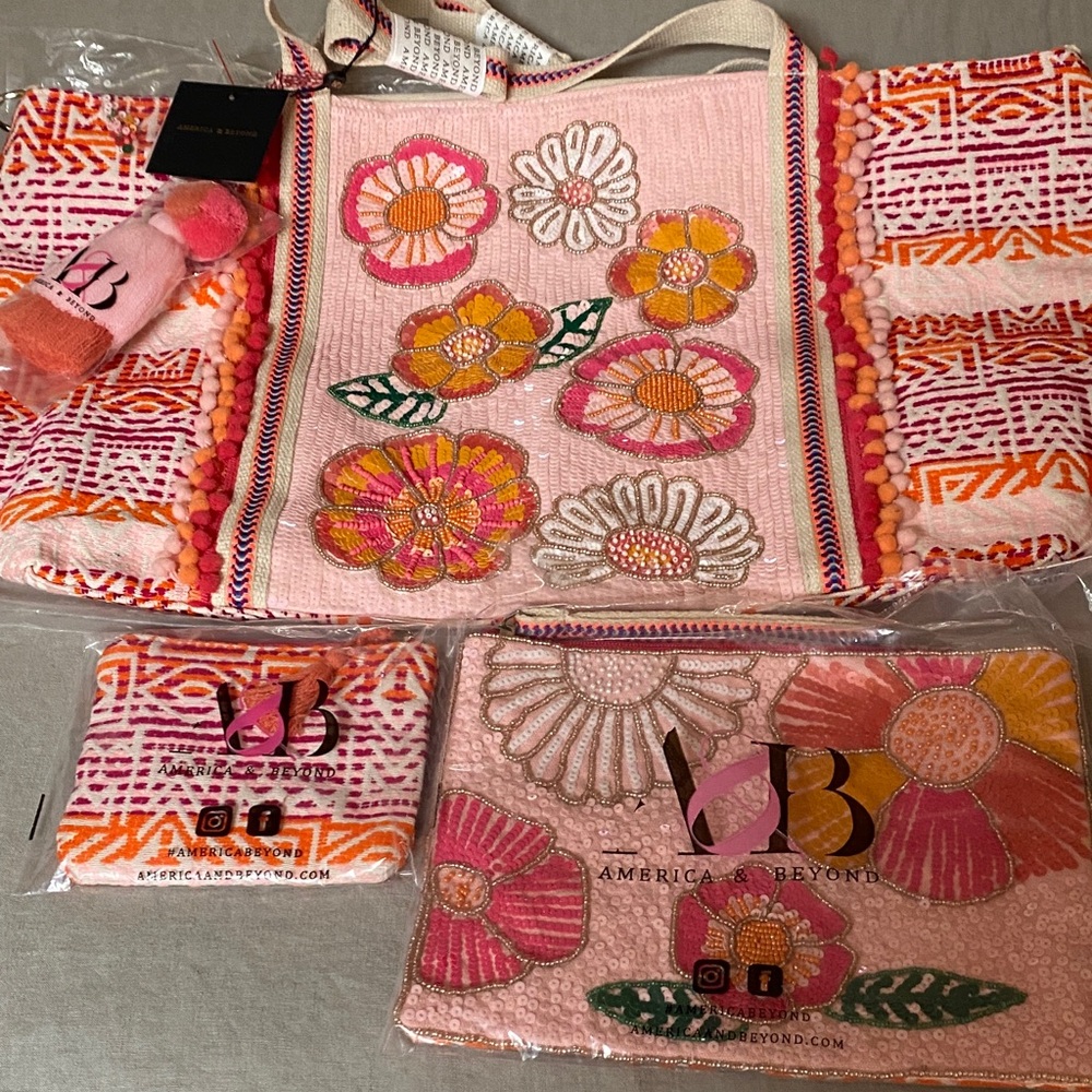 America $ Beyond Vibrant Floral Embroidered Tote Bag and pouches (3) - Picture 5 of 15